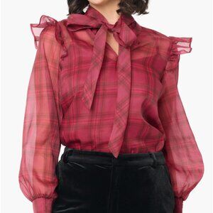 NWT Festive Plaid Ruffle Organza Shirt - Mulberry Wine Plaid / XS